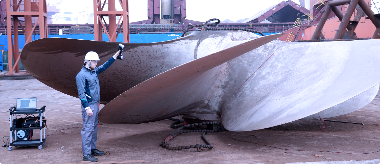 KSCAN-X wireless 3D scanner used for ship propeller scanning in shipyard