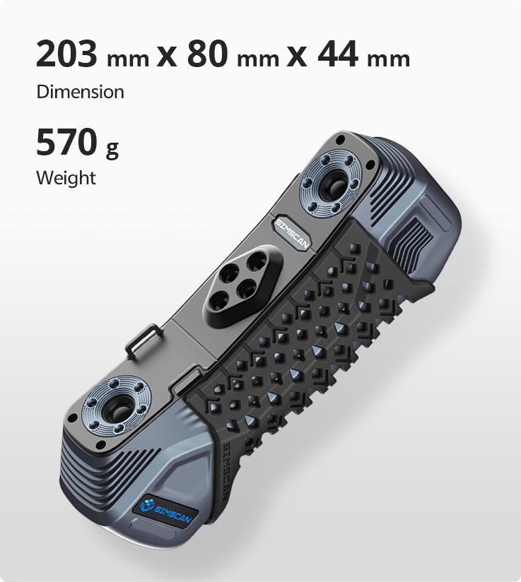 SIMSCAN 30 Gen2 – compact design: 203 × 80 × 44 mm, 570 g weight, ideal for handheld use.